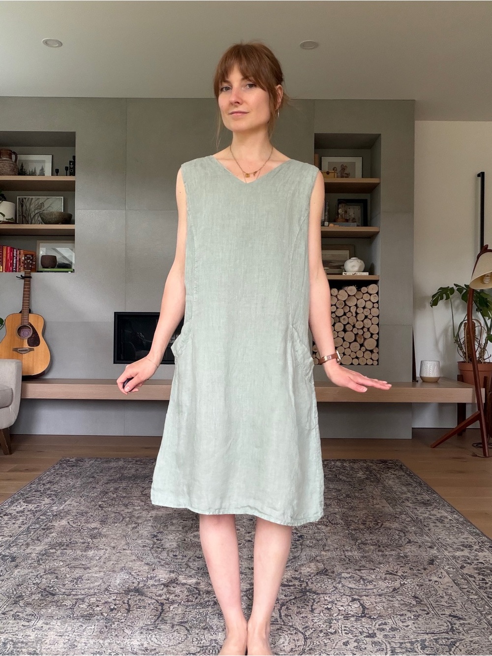 100% linen V-Neck Linen Shift Dress in dusty Sage medium to large - Picture 3 of 12